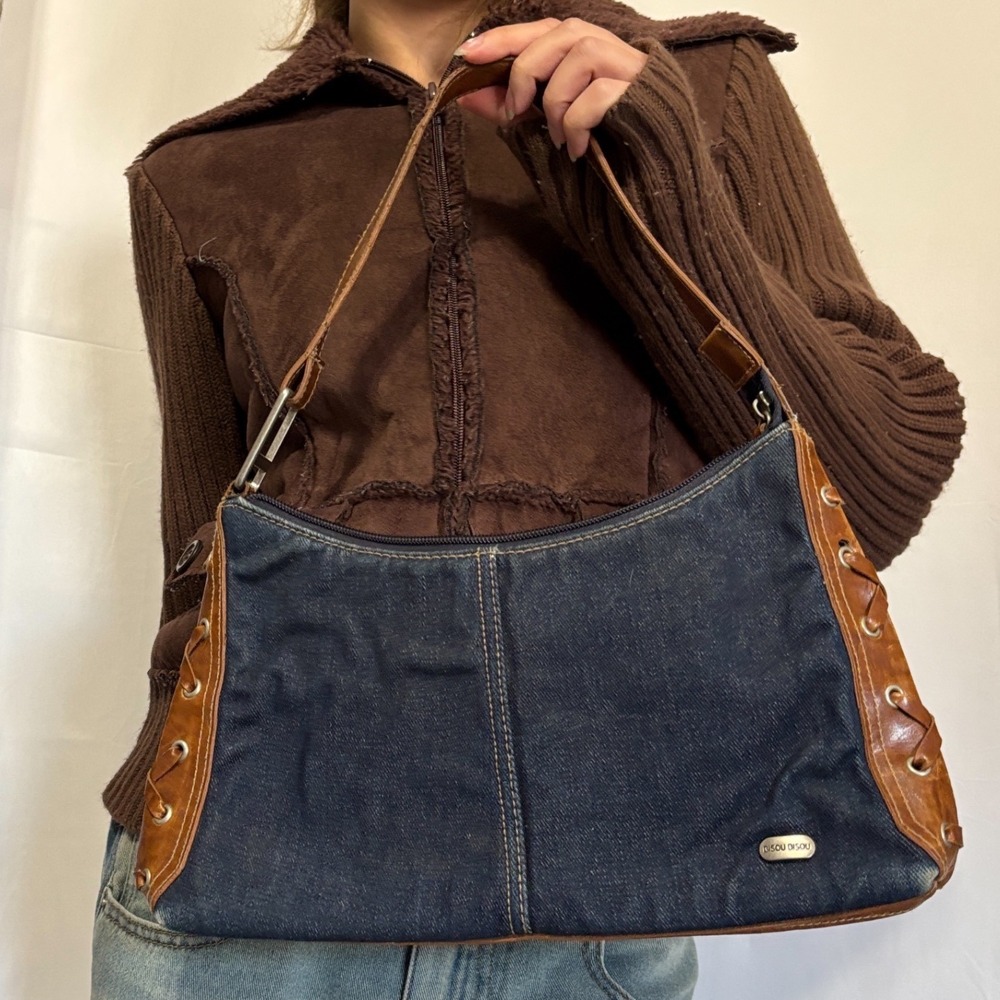 BISOU BISOU vintage Y2k denim shoulder bag/purse with leather lace up detailing